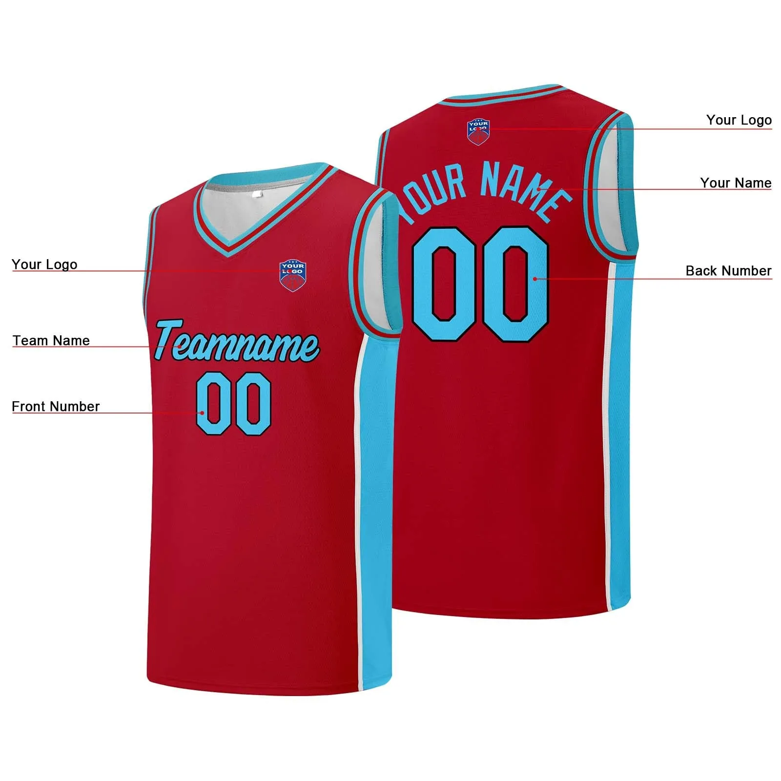 Custom basketball jersey shorts for men and women. Embroidered and printed name, number and logo Red&Light Blue