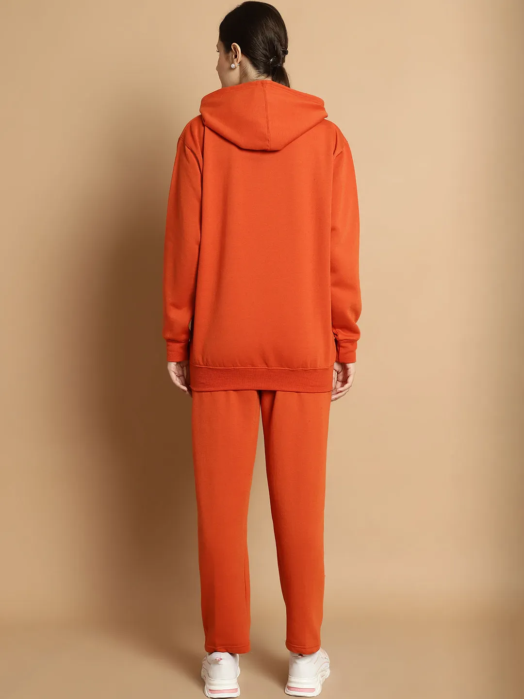Vimal Jonney Rust Printed Hooded Cotton Fleece Tracksuit for Women(Kangaroo Pockets)